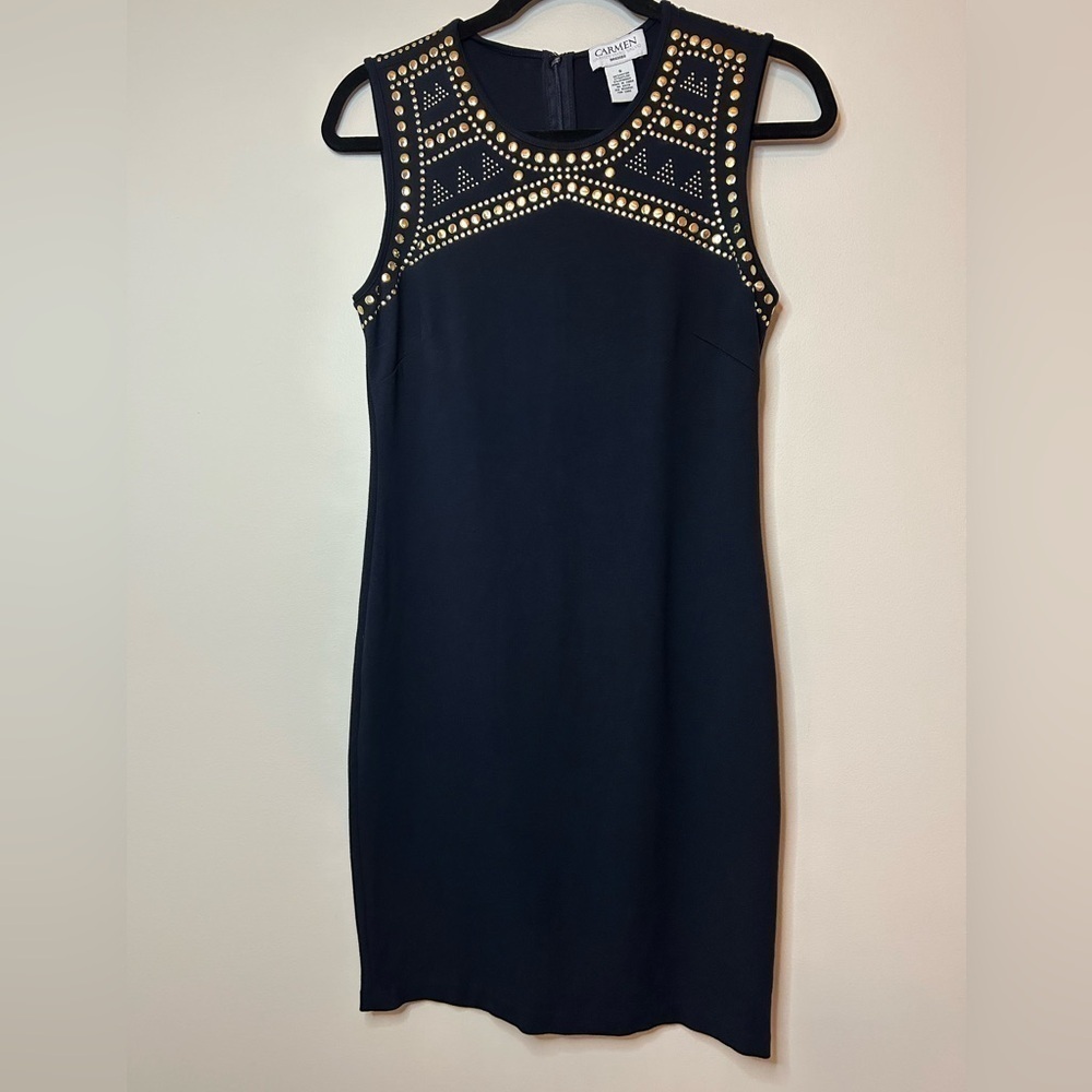 Carmen Marc Valvo Gold Studded Black Sleeveless Sheath Dress Size S - Picture 9 of 9